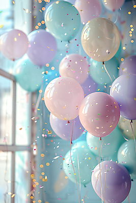 JPG 편집이미지 행복 창문 이벤트 사람없음 반사 기쁨 꽃가루 풍선 파스텔톤 편집실사 AI포토 AI콘텐츠 감정 컬러 가루 CG 파일형식