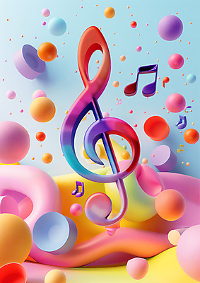 JPG 편집이미지 교육 음악 음표 사람없음 컬러풀 원형 높은음자리표 떠있는 즐거움 편집실사 AI컴퓨터그래픽 AI콘텐츠 도형 기호 감정 컬러 모션 문화예술 CG 파일형식