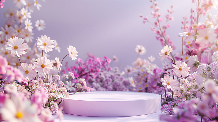 JPG 편집이미지 꽃 봄꽃 사람없음 빛 보라색 봄 원형 합성 포디움 편집실사 AI컴퓨터그래픽 AI콘텐츠 도형 식물 계절 컬러 무대 CG 파일형식