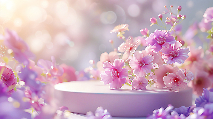 JPG 편집이미지 꽃 봄꽃 사람없음 빛 보라색 봄 원형 합성 포디움 편집실사 AI컴퓨터그래픽 AI콘텐츠 도형 식물 계절 컬러 무대 CG 파일형식