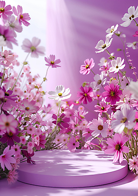 JPG 편집이미지 꽃 봄꽃 그림자 사람없음 빛 보라색 봄 원형 합성 포디움 편집실사 AI컴퓨터그래픽 AI콘텐츠 도형 식물 계절 컬러 무대 CG 파일형식