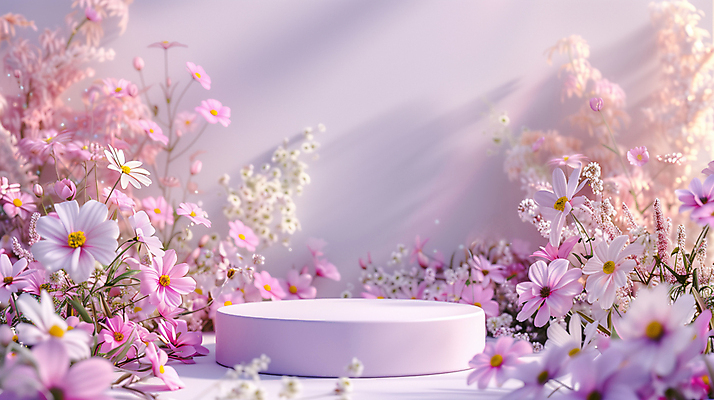 JPG 편집이미지 꽃 봄꽃 사람없음 빛 보라색 봄 원형 합성 포디움 편집실사 AI컴퓨터그래픽 AI콘텐츠 도형 식물 계절 컬러 무대 CG 파일형식