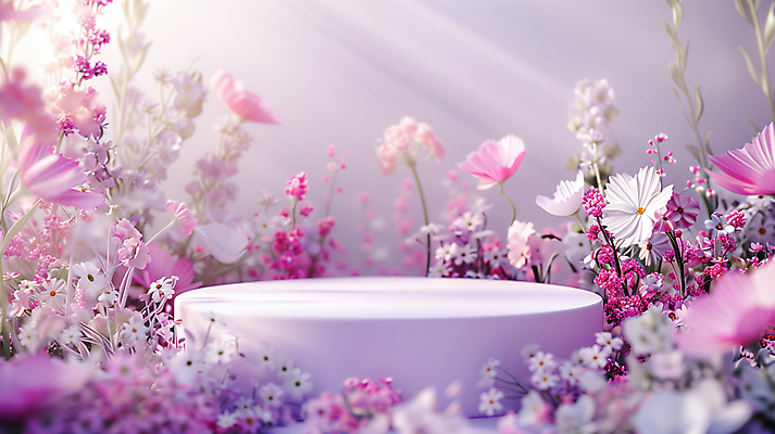 JPG 편집이미지 꽃 봄꽃 사람없음 빛 보라색 봄 원형 합성 포디움 편집실사 AI컴퓨터그래픽 AI콘텐츠 도형 식물 계절 컬러 무대 CG 파일형식