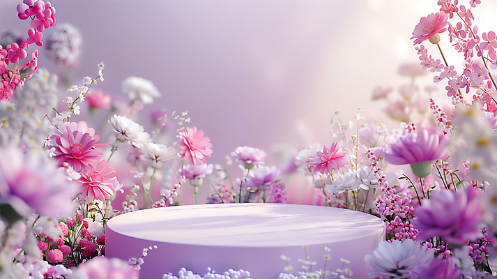JPG 편집이미지 꽃 봄꽃 사람없음 빛 보라색 봄 원형 합성 포디움 편집실사 AI컴퓨터그래픽 AI콘텐츠 도형 식물 계절 컬러 무대 CG 파일형식