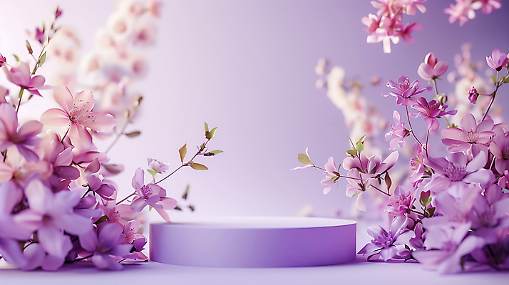 JPG 편집이미지 꽃 봄꽃 사람없음 빛 보라색 봄 원형 합성 포디움 편집실사 AI컴퓨터그래픽 AI콘텐츠 도형 식물 계절 컬러 무대 CG 파일형식
