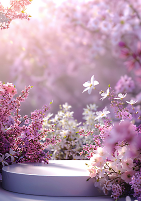 JPG 편집이미지 꽃 봄꽃 사람없음 빛 보라색 봄 원형 합성 포디움 편집실사 AI컴퓨터그래픽 AI콘텐츠 도형 식물 계절 컬러 무대 CG 파일형식