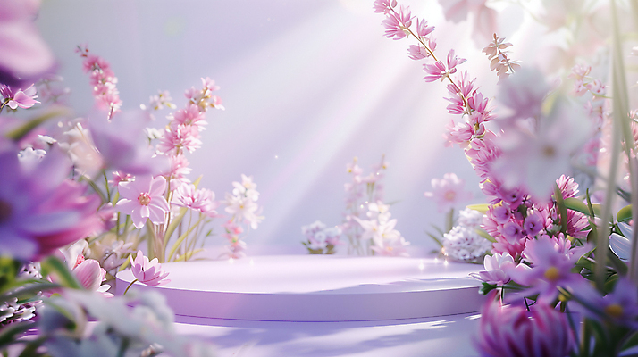 JPG 편집이미지 꽃 봄꽃 사람없음 빛 보라색 봄 원형 합성 포디움 편집실사 AI컴퓨터그래픽 AI콘텐츠 도형 식물 계절 컬러 무대 CG 파일형식