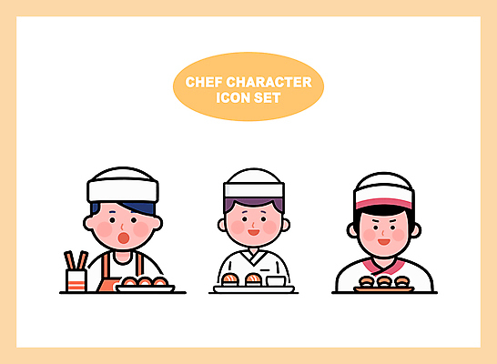 여자 남자 인물캐릭터 일러스트 요리사모자 요리 성인 세명 노란색 주방 요리사 앞치마 초밥 조리복 초밥전문점 성인만 일러캐릭터 AI파일 직업 캐릭터 모자_잡화 컬러 유니폼 사람 식당 일본음식 파일형식 벡터