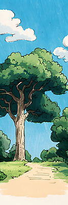 JPG 나무 구름 일러스트 자연 하늘 나뭇잎 풍경 잔디 사람없음 초록색 여름 파란색 평화 산책로 국내일러스트 AI일러스트 AI콘텐츠 자연요소 식물 계절 길 컬러 컨셉 잎 생태계 파일형식