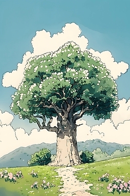 JPG 나무 구름 일러스트 자연 하늘 나뭇잎 풍경 잔디 사람없음 초록색 여름 파란색 평화 산책로 들꽃 국내일러스트 AI일러스트 AI콘텐츠 자연요소 식물 계절 꽃 길 컬러 컨셉 잎 생태계 파일형식