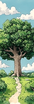 JPG 나무 구름 일러스트 자연 하늘 나뭇잎 풍경 잔디 사람없음 초록색 여름 파란색 평화 산책로 국내일러스트 AI일러스트 AI콘텐츠 자연요소 식물 계절 길 컬러 컨셉 잎 생태계 파일형식