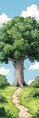 JPG 나무 구름 일러스트 자연 하늘 나뭇잎 풍경 잔디 사람없음 초록색 여름 파란색 평화 산책로 국내일러스트 AI일러스트 AI콘텐츠 자연요소 식물 계절 길 컬러 컨셉 잎 생태계 파일형식