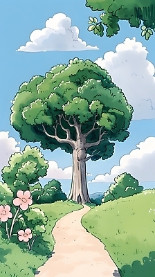 JPG 나무 구름 일러스트 자연 하늘 나뭇잎 풍경 잔디 사람없음 초록색 여름 파란색 평화 산책로 들꽃 국내일러스트 AI일러스트 AI콘텐츠 자연요소 식물 계절 꽃 길 컬러 컨셉 잎 생태계 파일형식