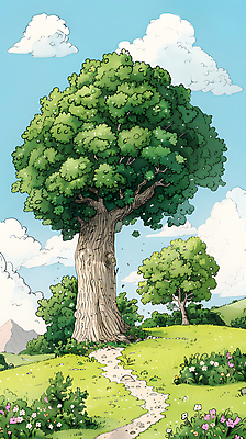 JPG 나무 구름 일러스트 자연 하늘 나뭇잎 풍경 잔디 사람없음 초록색 여름 파란색 평화 산책로 들꽃 국내일러스트 AI일러스트 AI콘텐츠 자연요소 식물 계절 꽃 길 컬러 컨셉 잎 생태계 파일형식