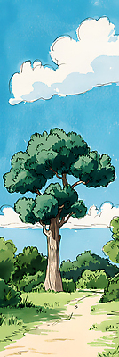 JPG 나무 구름 일러스트 자연 하늘 나뭇잎 풍경 잔디 사람없음 초록색 여름 파란색 평화 산책로 국내일러스트 AI일러스트 AI콘텐츠 자연요소 식물 계절 길 컬러 컨셉 잎 생태계 파일형식