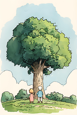 JPG 전신 나무 구름 여자 남자 어린이 일러스트 자연 하늘 나뭇잎 풍경 소녀 소년 잔디 두명 초록색 여름 파란색 평화 손잡기 어린이만 국내일러스트 AI일러스트 AI콘텐츠 자연요소 식물 계절 컬러 컨셉 잎 모션 사람 생태계 파일형식