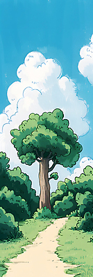 JPG 나무 구름 일러스트 자연 하늘 나뭇잎 풍경 잔디 사람없음 초록색 여름 파란색 평화 산책로 국내일러스트 AI일러스트 AI콘텐츠 자연요소 식물 계절 길 컬러 컨셉 잎 생태계 파일형식