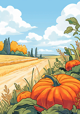 JPG 구름 일러스트 자연 하늘 호박 초원 사람없음 수확 가을 시골 호박잎 흙길 국내일러스트 AI일러스트 AI콘텐츠 자연요소 계절 길 잎 농업 채소 흙 생태계 파일형식