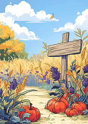 JPG 구름 꽃 잎 일러스트 자연 하늘 호박 사람없음 목재 팻말 수확 벼 가을 시골 땅 국내일러스트 AI일러스트 AI콘텐츠 자연요소 나무 식물 계절 농업 채소 재료 곡류 프레임 생태계 파일형식