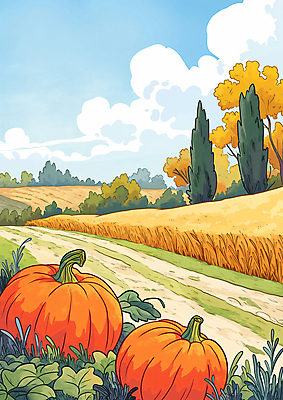 JPG 나무 일러스트 자연 하늘 호박 초원 사람없음 수확 벼 가을 시골 호박잎 흙길 국내일러스트 AI일러스트 AI콘텐츠 식물 계절 길 잎 농업 채소 곡류 흙 생태계 파일형식