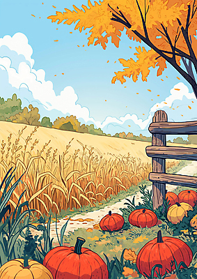 JPG 나무 일러스트 자연 하늘 호박 나뭇잎 초원 사람없음 수확 벼 가을 시골 나무울타리 흙길 국내일러스트 AI일러스트 AI콘텐츠 식물 계절 길 잎 농업 채소 곡류 울타리 흙 생태계 파일형식