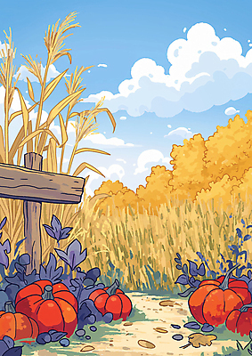 JPG 일러스트 자연 하늘 호박 나뭇잎 사람없음 목재 팻말 수확 벼 가을 시골 땅 국내일러스트 AI일러스트 AI콘텐츠 나무 계절 잎 농업 채소 재료 곡류 프레임 생태계 파일형식
