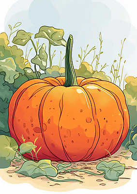 JPG 일러스트 자연 호박 사람없음 야외 정원 수확 가을 시골 땅 호박잎 국내일러스트 AI일러스트 AI콘텐츠 계절 잎 농업 채소 생태계 파일형식