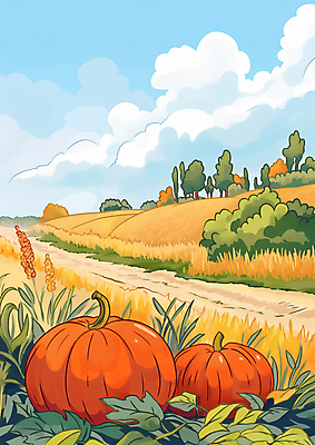 JPG 구름 일러스트 자연 하늘 호박 사람없음 수확 가을 시골 호박잎 흙길 국내일러스트 AI일러스트 AI콘텐츠 자연요소 계절 길 잎 농업 채소 흙 생태계 파일형식
