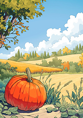 JPG 나무 구름 밭 일러스트 자연 하늘 호박 초원 사람없음 수확 가을 시골 국내일러스트 AI일러스트 AI콘텐츠 자연요소 식물 계절 농업 채소 생태계 파일형식