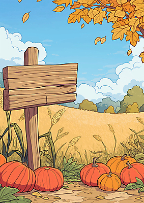 JPG 낙엽 일러스트 자연 하늘 호박 나뭇잎 사람없음 목재 팻말 수확 벼 가을 시골 땅 국내일러스트 AI일러스트 AI콘텐츠 나무 계절 잎 농업 채소 재료 곡류 프레임 생태계 파일형식