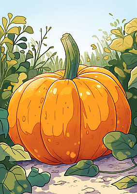 JPG 단풍 일러스트 자연 호박 사람없음 야외 정원 수확 가을 시골 땅 호박잎 국내일러스트 AI일러스트 AI콘텐츠 계절 잎 농업 채소 생태계 파일형식