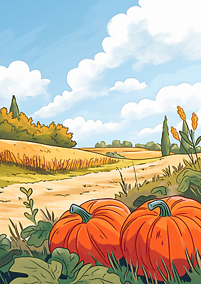 JPG 구름 밭 일러스트 자연 하늘 호박 초원 사람없음 수확 벼 가을 시골 호박잎 흙길 국내일러스트 AI일러스트 AI콘텐츠 자연요소 계절 길 잎 농업 채소 곡류 흙 생태계 파일형식
