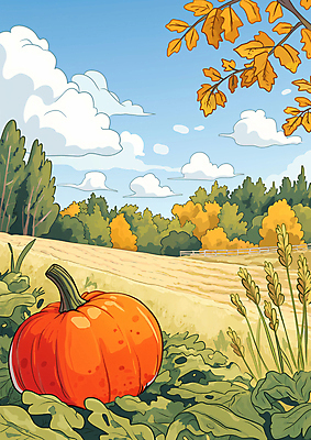 JPG 나무 구름 밭 일러스트 자연 하늘 호박 나뭇잎 초원 사람없음 수확 가을 시골 국내일러스트 AI일러스트 AI콘텐츠 자연요소 식물 계절 잎 농업 채소 생태계 파일형식