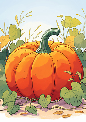 JPG 일러스트 자연 호박 사람없음 야외 정원 수확 가을 시골 땅 호박잎 국내일러스트 AI일러스트 AI콘텐츠 계절 잎 농업 채소 생태계 파일형식