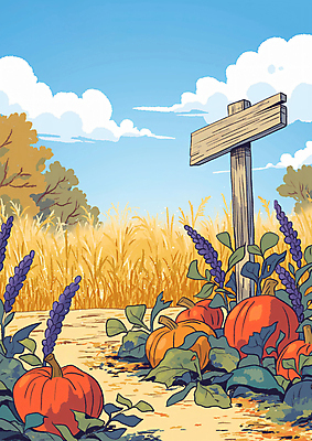 JPG 구름 꽃 일러스트 자연 하늘 호박 사람없음 목재 팻말 수확 벼 가을 시골 호박잎 국내일러스트 AI일러스트 AI콘텐츠 자연요소 나무 식물 계절 잎 농업 채소 재료 곡류 프레임 생태계 파일형식