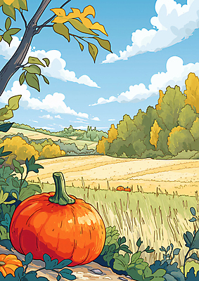 JPG 나무 구름 밭 일러스트 자연 하늘 호박 초원 사람없음 수확 가을 시골 호박잎 국내일러스트 AI일러스트 AI콘텐츠 자연요소 식물 계절 잎 농업 채소 생태계 파일형식