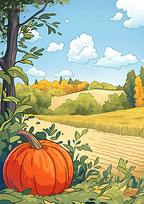 JPG 나무 구름 밭 일러스트 자연 하늘 호박 나뭇잎 초원 사람없음 수확 가을 시골 국내일러스트 AI일러스트 AI콘텐츠 자연요소 식물 계절 잎 농업 채소 생태계 파일형식