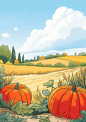 JPG 구름 밭 일러스트 자연 하늘 호박 초원 사람없음 수확 가을 시골 호박잎 국내일러스트 AI일러스트 AI콘텐츠 자연요소 계절 잎 농업 채소 생태계 파일형식
