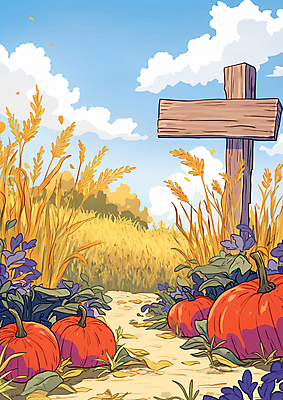 JPG 구름 일러스트 자연 하늘 호박 초원 사람없음 목재 팻말 수확 벼 가을 시골 국내일러스트 AI일러스트 AI콘텐츠 자연요소 나무 계절 농업 채소 재료 곡류 프레임 생태계 파일형식