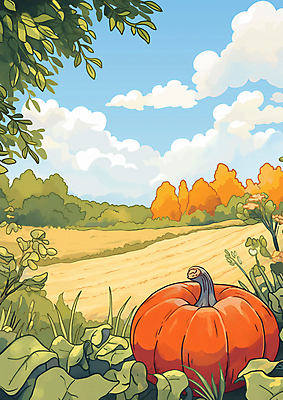JPG 구름 밭 일러스트 자연 하늘 호박 나뭇잎 초원 사람없음 수확 가을 시골 국내일러스트 AI일러스트 AI콘텐츠 자연요소 계절 잎 농업 채소 생태계 파일형식