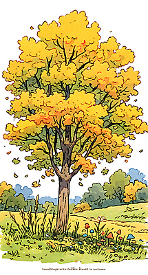 PSD 나무 공원 낙엽 일러스트 자연 수채화 풍경 사람없음 노란색 가을 국내일러스트 식물 계절 공공시설 컬러 잎 생태계 파일형식