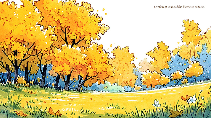 PSD 나무 공원 낙엽 일러스트 자연 수채화 풍경 사람없음 노란색 가을 국내일러스트 식물 계절 공공시설 컬러 잎 생태계 파일형식