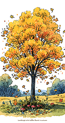 PSD 나무 공원 낙엽 일러스트 자연 수채화 풍경 사람없음 노란색 가을 국내일러스트 식물 계절 공공시설 컬러 잎 생태계 파일형식