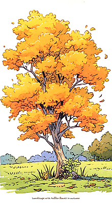 PSD 나무 공원 낙엽 일러스트 자연 수채화 풍경 사람없음 노란색 가을 국내일러스트 식물 계절 공공시설 컬러 잎 생태계 파일형식