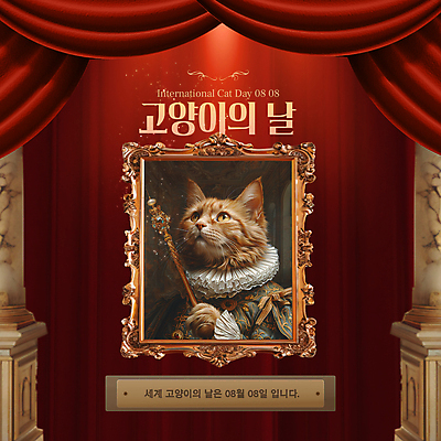 템플릿 기념일 액자 프레임 들기 사람없음 빨간색 고양이 커튼 미술관 왕 코믹 대리석 초상화 귀족 르네상스 세계고양이의날 이미지템플릿 AI파일 컬러 재료 포유류 모션 이벤트 반려동물 그림 파일형식 벡터