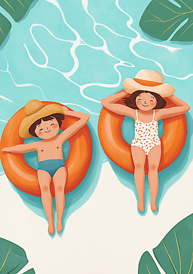JPG 전신 모자 여자 남자 물결 어린이 바다 잎 일러스트 물놀이 놀이 휴식 수영장 여름방학 소녀 소년 해변 두명 물 여름 눕기 맑음 수영 떠있는 즐거움 튜브 어린이만 국내일러스트 AI일러스트 AI콘텐츠 자연요소 식물 잡화 계절 감정 컨셉 모션 날씨 방학 사람 수상스포츠 파일형식 여름_계절