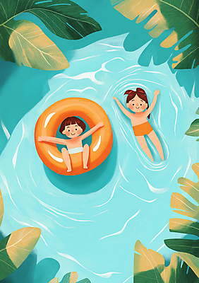 JPG 전신 여자 남자 어린이 바다 잎 일러스트 물놀이 수영장 여름방학 소녀 소년 해변 두명 여름 맑음 수영 떠있는 즐거움 튜브 어린이만 국내일러스트 AI일러스트 AI콘텐츠 식물 계절 감정 모션 놀이 날씨 방학 사람 수상스포츠 파일형식 여름_계절
