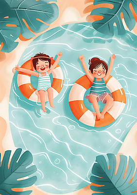 JPG 전신 여자 어린이 바다 잎 일러스트 물놀이 수영장 함께함 여름방학 소녀 해변 두명 여름 눕기 맑음 수영 만세 떠있는 즐거움 튜브 소녀만 국내일러스트 AI일러스트 AI콘텐츠 식물 계절 감정 컨셉 모션 놀이 날씨 방학 사람 수상스포츠 여자만 어린이만 파일형식 여름_계절