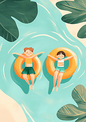 JPG 전신 여자 남자 어린이 바다 일러스트 물놀이 수영장 함께함 여름방학 소녀 소년 해변 두명 물 여름 눕기 햇빛 맑음 수영 떠있는 즐거움 튜브 어린이만 국내일러스트 AI일러스트 AI콘텐츠 자연요소 계절 감정 컨셉 모션 놀이 날씨 방학 사람 태양 수상스포츠 파일형식 여름_계절