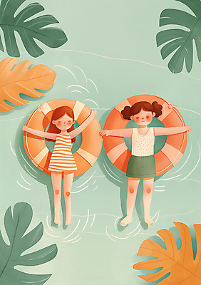 JPG 전신 여자 어린이 바다 일러스트 물놀이 휴식 수영장 여름방학 소녀 해변 두명 물 여름 눕기 맑음 수영 떠있는 즐거움 튜브 소녀만 국내일러스트 AI일러스트 AI콘텐츠 자연요소 계절 감정 컨셉 모션 놀이 날씨 방학 사람 수상스포츠 여자만 어린이만 파일형식 여름_계절